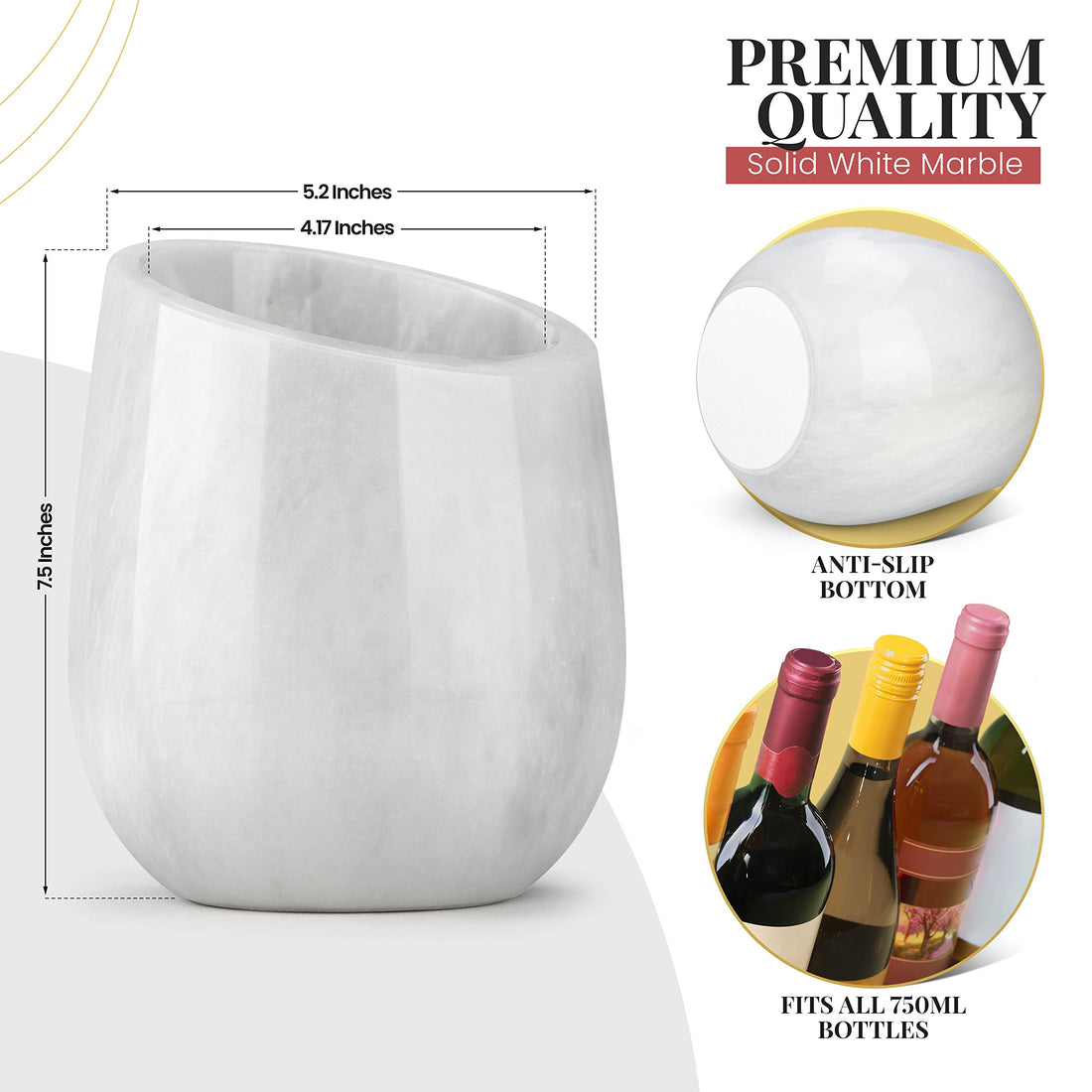Gusto Nostro Marble Wine Chiller Bucket - 750ml Wine Bottle Cooler and Champagne Chiller for Party, Kitchen, Bar Cart Decor to Chill &amp; Keep Bottles Cold with Unique Wine Lovers Gift Box (White)