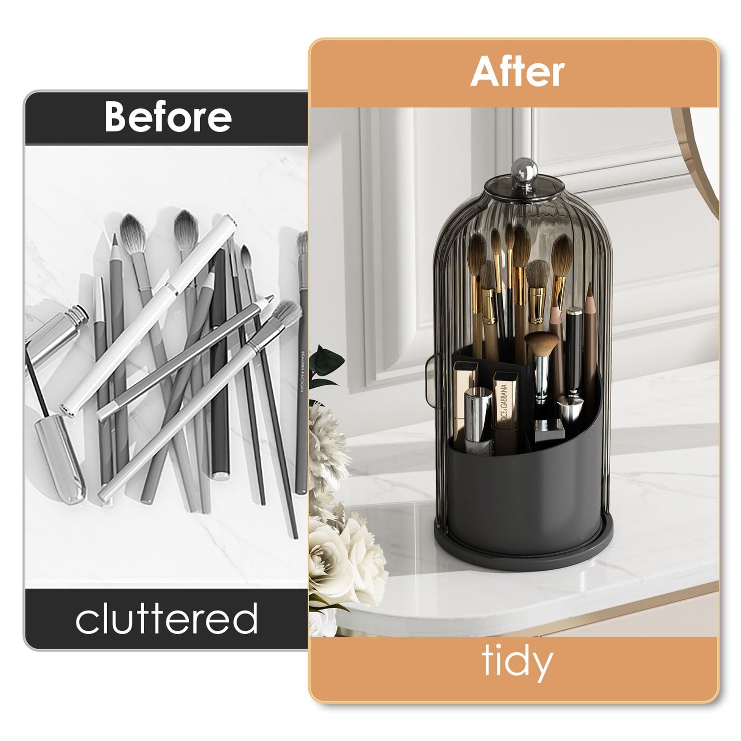 Makeup Brush Holder Organizer with Lid,360 Rotating Clear Dustproof Makeup Brushes Organizer for Vanity Desktop Bathroom Countertop (Transparent)