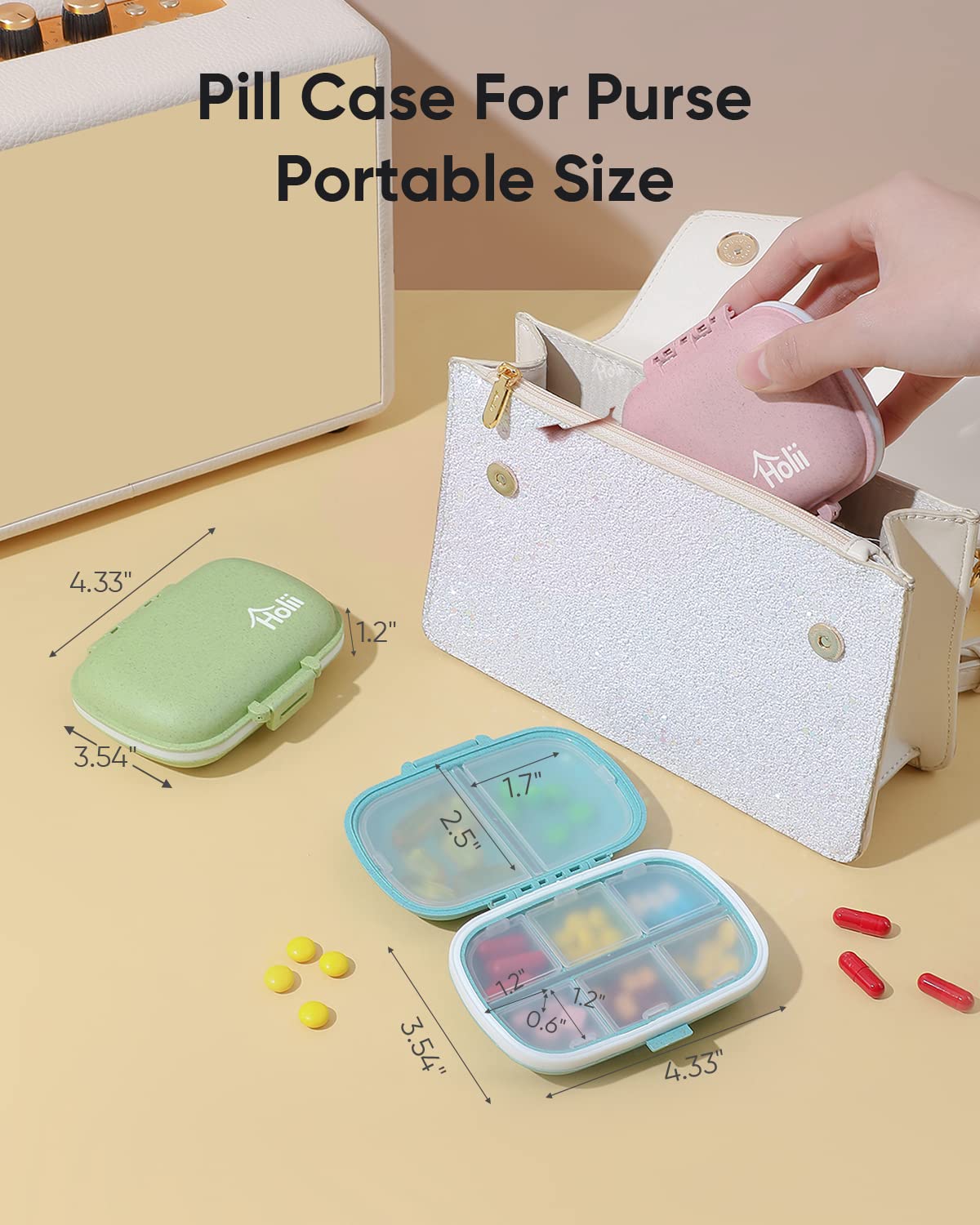 Holii Travel Pill Organizer, 8 Compartments Portable Pill Case, Daily Pill Box to Hold Vitamins, Small Pill Container for Pocket Purse Medicine Organizer（Khaki）