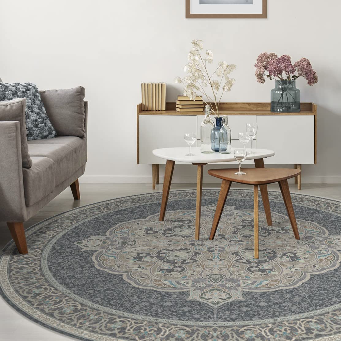 RUGGABLE Disney Traditional Mickey Mouse Washable Rug - Perfect Area Rug for Nursery Playroom Kids Room - Pet &amp; Child Friendly - Stain &amp; Water Resistant - Damask Grey 3&