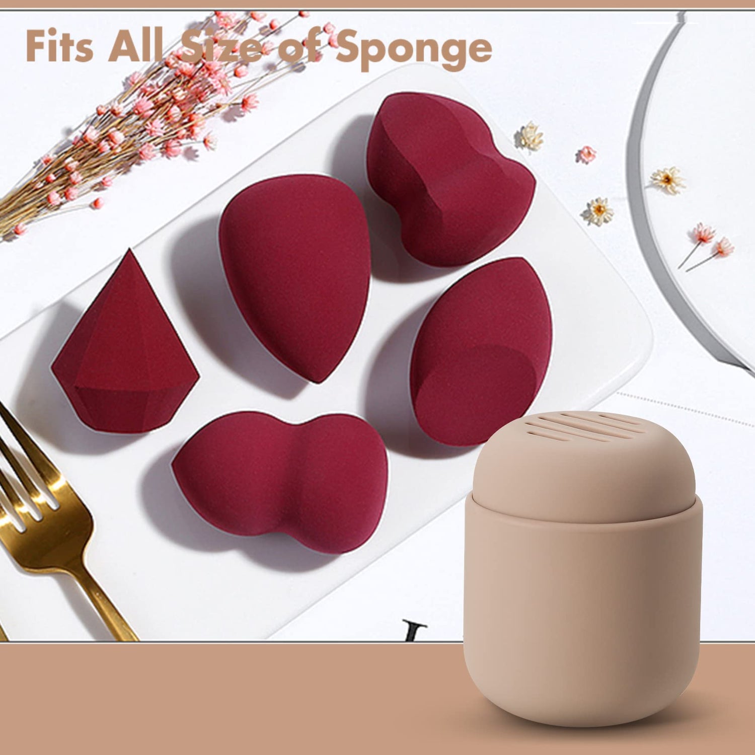 BEZOX Makeup Sponge Holder, Silicone Beauty Sponge Case with Double-Sided Vent Design for Quick Drying, Compact Travel Essentials Make Up Blender Container - Khaki