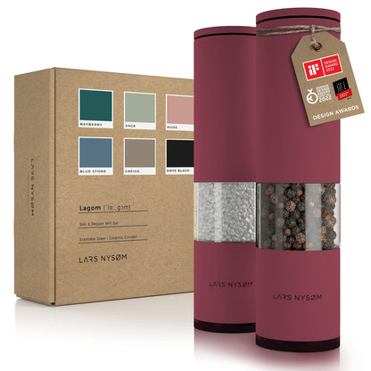 LARS NYSØM Salt and Pepper Mills Set Stainless Steel with Adjustable Ceramic Grinder 2 Pieces I Design Spice Mills Set Manual (Brown/Beige)