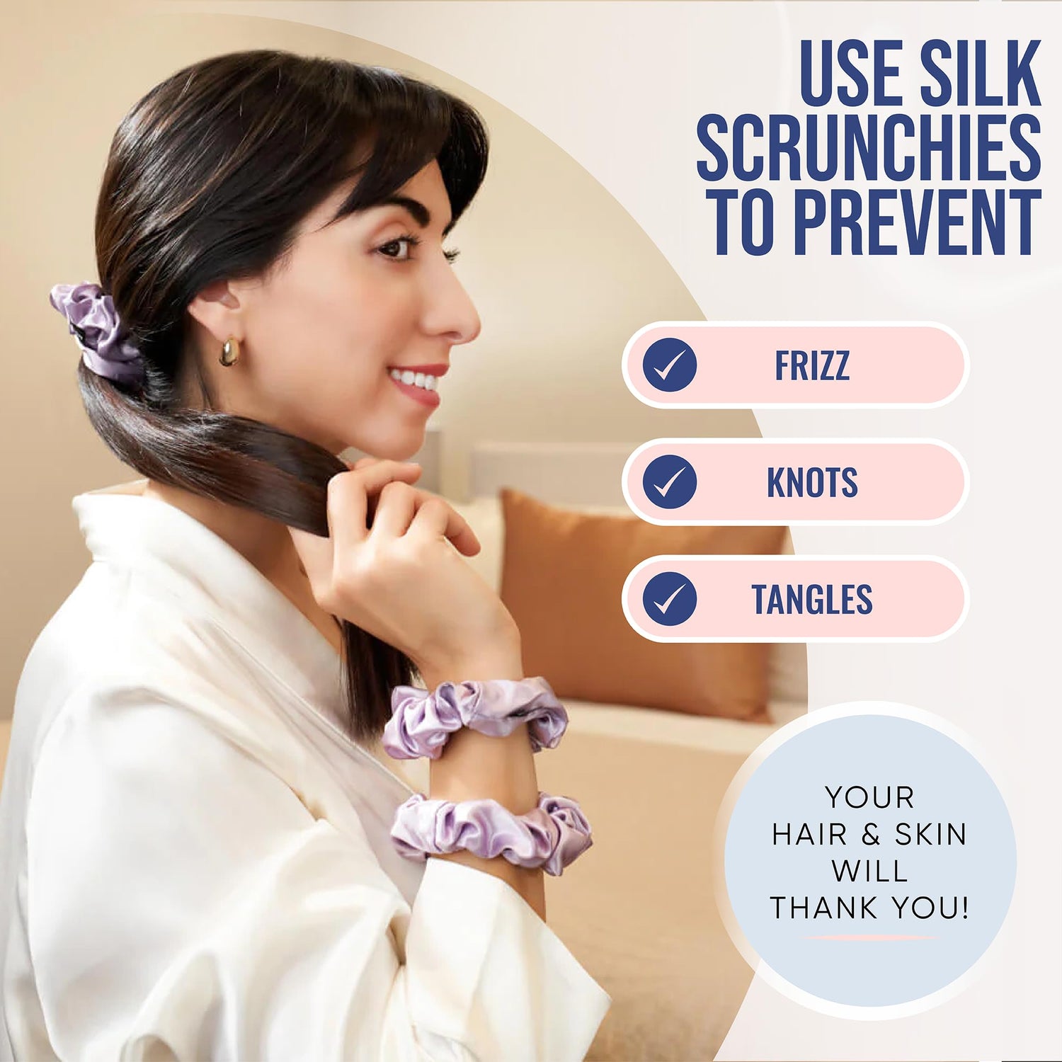 Blissy Silk Scrunchies (3 Pack) - 100% Pure Mulberry Silk - 22 Momme 6A High-Grade Fibers - Silk Scrunchie for Straight &amp; Curly Hair - Preventing Breakage, Tangling, &amp; Creasing (Rose Skinny)