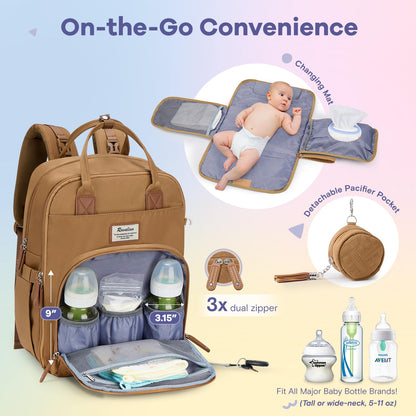 RUVALINO Diaper Bag Backpack, Multifunction Travel Pack Maternity Baby Changing Bags, Large Capacity, Waterproof, Beige