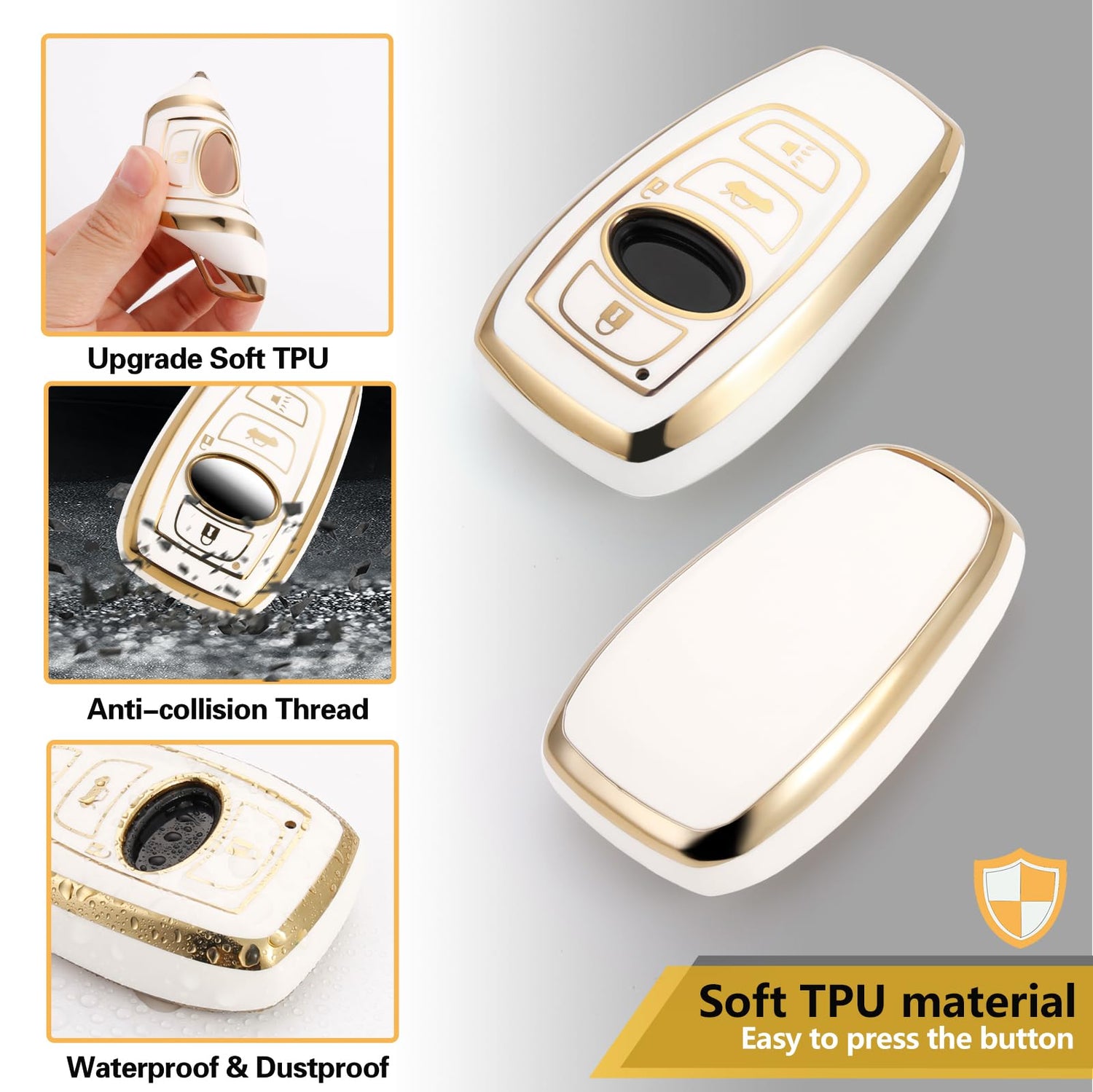 Cadillac Key Fob Cover with Metal Braided Rope Keychain, Upgraded Soft Key Case for 2015-2019 Escalade CTS SRX XT5 ATS STS CT6 (5 Button) (Gold Edge)