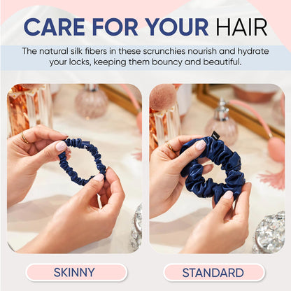 Blissy Silk Scrunchies (3 Pack) - 100% Pure Mulberry Silk - 22 Momme 6A High-Grade Fibers - Silk Scrunchie for Straight &amp; Curly Hair - Preventing Breakage, Tangling, &amp; Creasing (Rose Skinny)