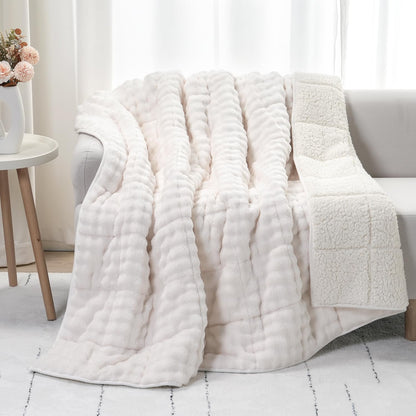Cottonblue Weighted Blanket 15lbs Bubble Faux Fur Plush Sherpa Weighted Blankets for Adults, Fits Queen Size Bed, Cute Fuzzy Warm Heavy Blanket for Calm and Better Sleep, 60&quot;x80&quot;, Cream White