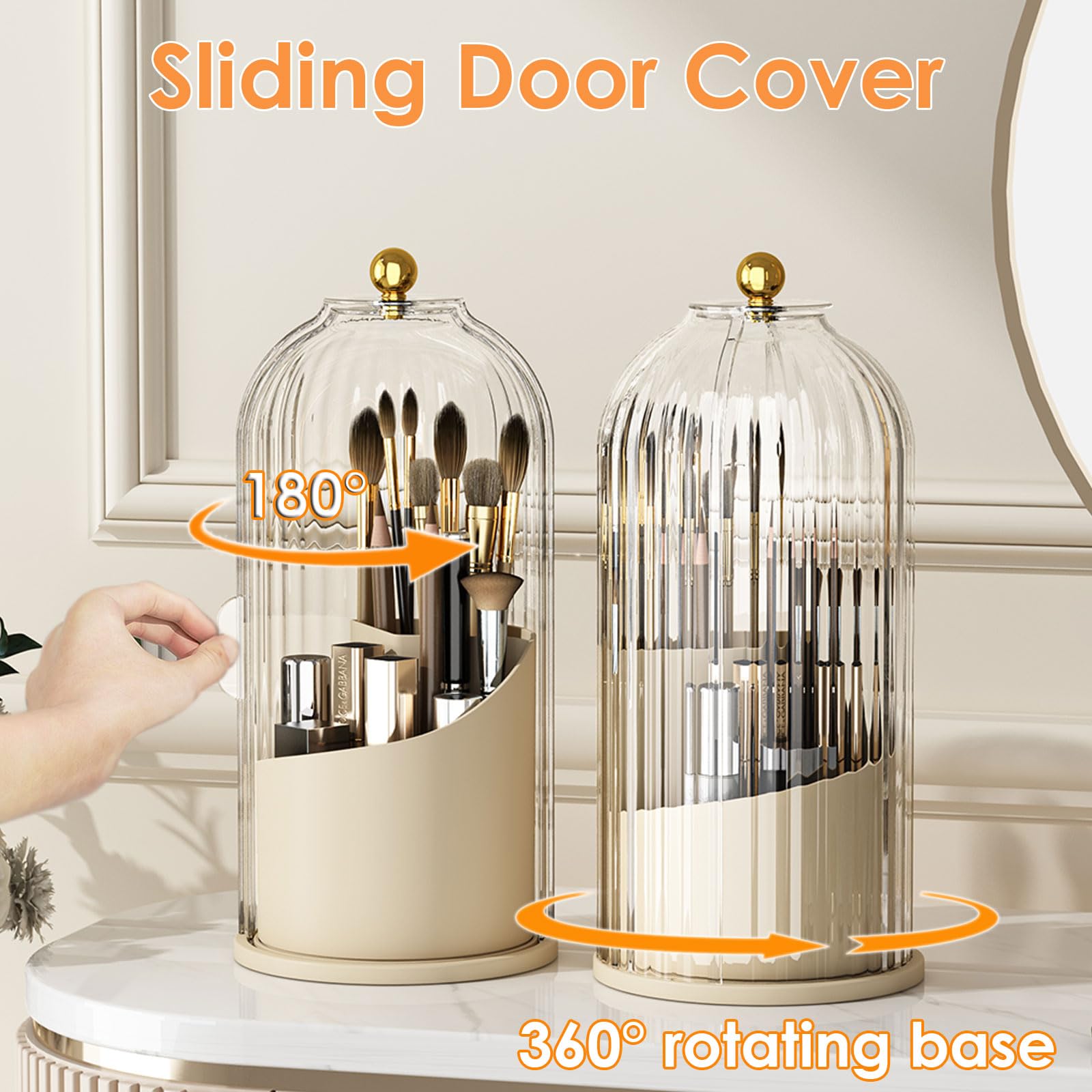 Makeup Brush Holder Organizer with Lid,360 Rotating Clear Dustproof Makeup Brushes Organizer for Vanity Desktop Bathroom Countertop (Transparent)