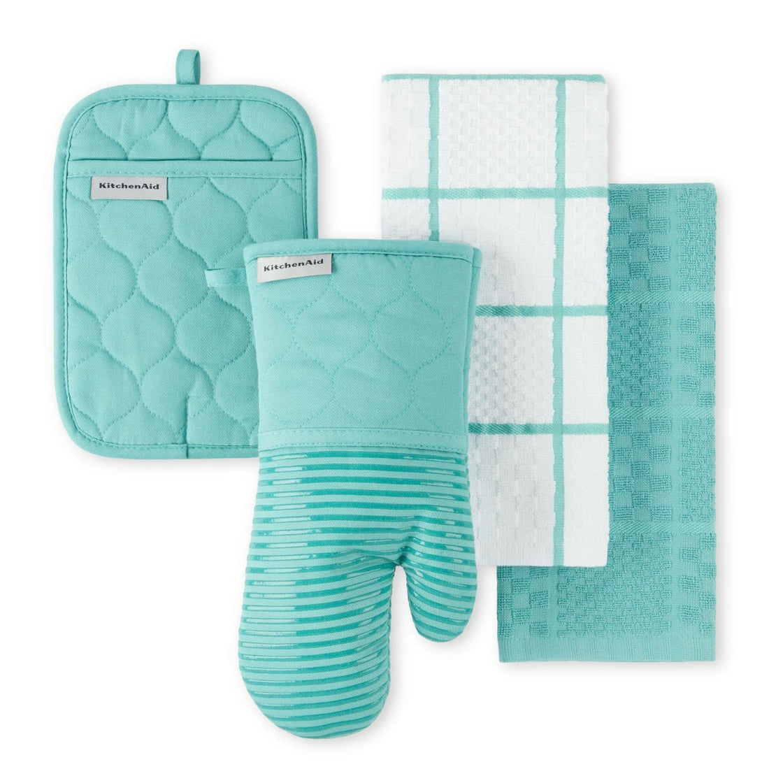KITCHENAID Quilted Cotton Terry Cloth Oven Mitt, Pot Holder, Kitchen Towel 4-Pack Set, Heat Resistant, Silicone Grip, Gift Set, Milkshake, 16&quot;x26&quot;, 7&quot;x13&quot; &amp; 7&quot;x10&quot;
