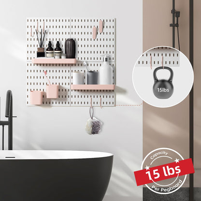VUSIGN Pegboard Combination Wall Organizer Kit, 4 Pieces Pegboards and 17 Accessories Modular Hanging, Wall Mount Display Peg Board Panel Kits for Bedroom, Home, Office, Bathroom, 22&quot; x 22&quot;, Pink
