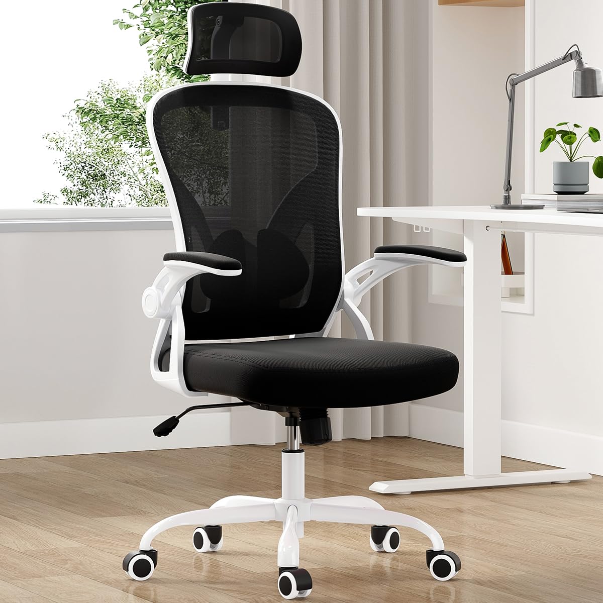 Farini Ergonomic Office Chair, Home Office Desk Chair with Headrest, High Back Computer Chair with Flip-up Armrests and Adjustable Lumbar Support for Home Office Study Bedroom, Khaki.