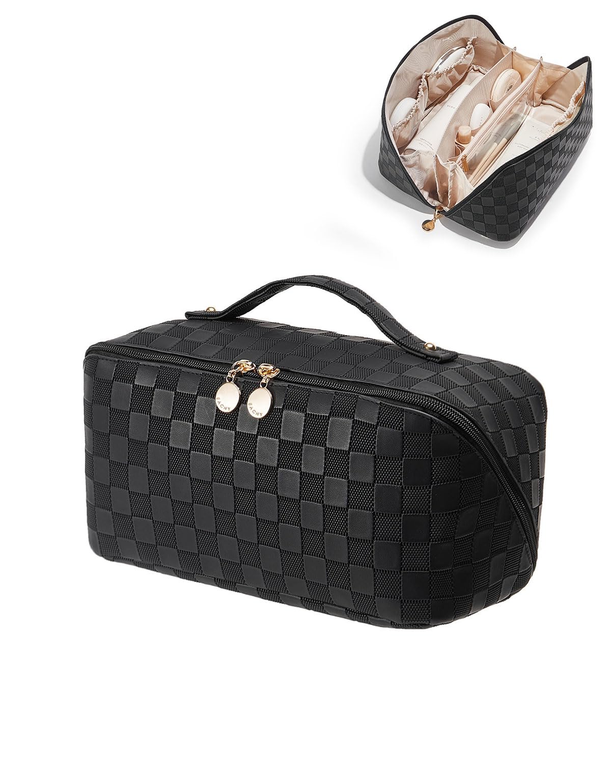 EACHY Travel Makeup Bag,Large Capacity Cosmetic Bags for Women,Waterproof Portable Pouch Open Flat Toiletry Bag Make up Organizer with Divider and Handle