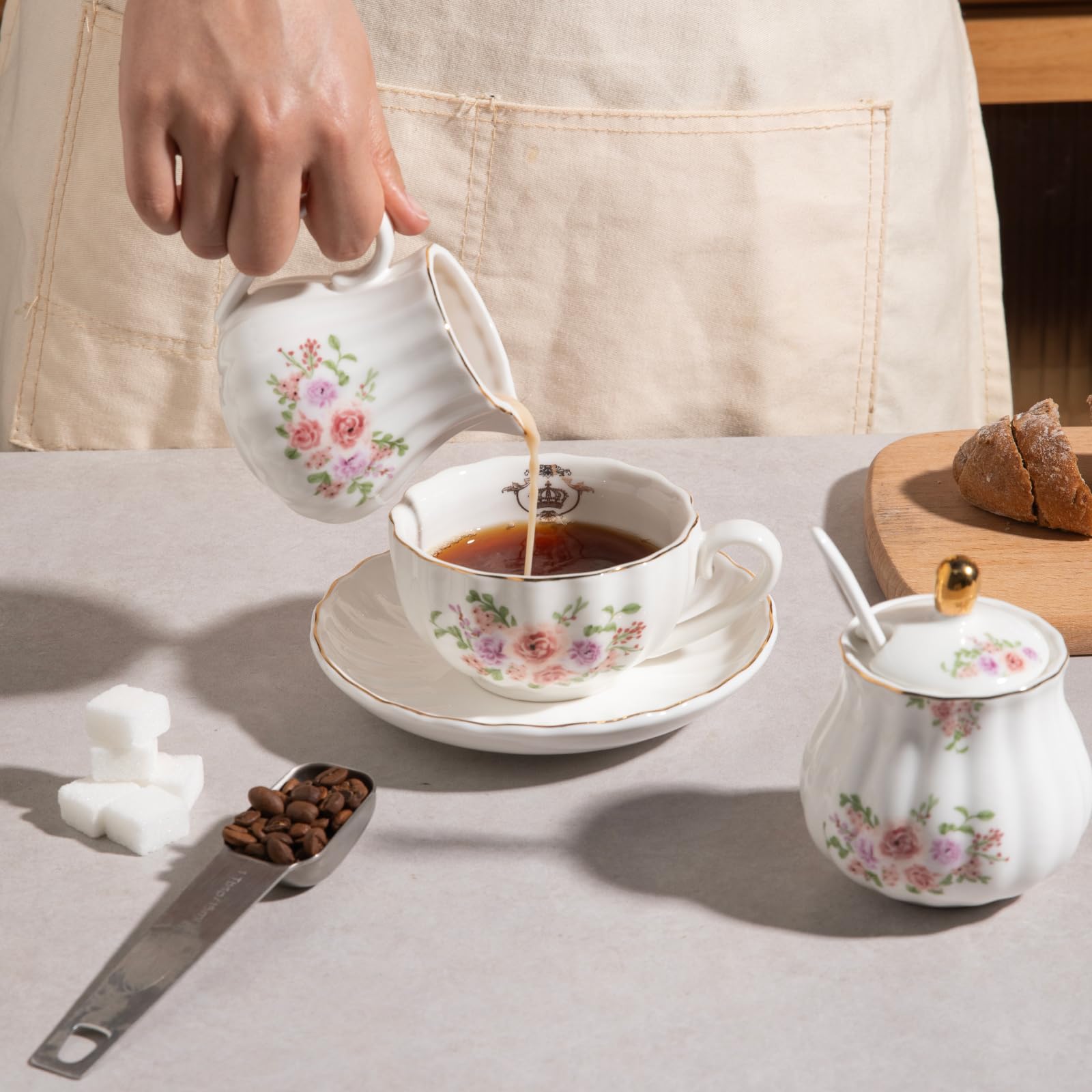 Sweejar Royal Ceramic Sugar and Creamer Set, 3 Piece Set with Cream Pitcher, Sugar Bowl, Sugar Set with Lid &amp; Spoon, Coffee Serving Set Wedding Gift(White)