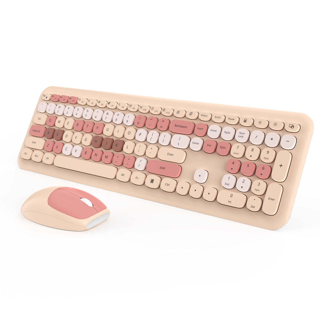 Wireless Keyboard and Mouse Combo, Cute Colorful 104 Keys Typewriter Retro Round Keycaps Keyboard for PC Laptop,Desktop,Windows, Home and Office Keyboards Coffee