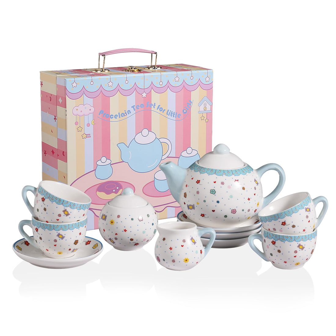 Sweejar Porcelain Tea Set for Little Girls,Kitchen Toys Tea Party Set for Kids Toddler Kitchen Pretend Toy Include Children Teapot, Cup &amp; Saucer Set of 4, Sugar Bowl and Cream Pitcher(Pink Polka Dot)