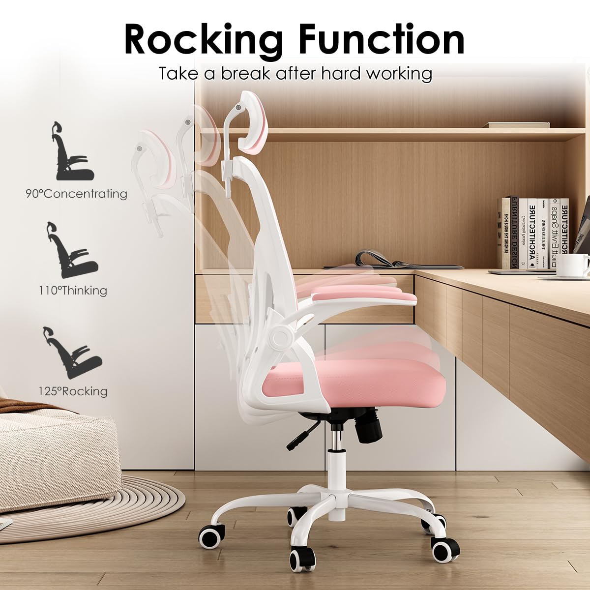 Farini Ergonomic Office Chair, Home Office Desk Chair with Headrest, High Back Computer Chair with Flip-up Armrests and Adjustable Lumbar Support for Home Office Study Bedroom, Khaki.