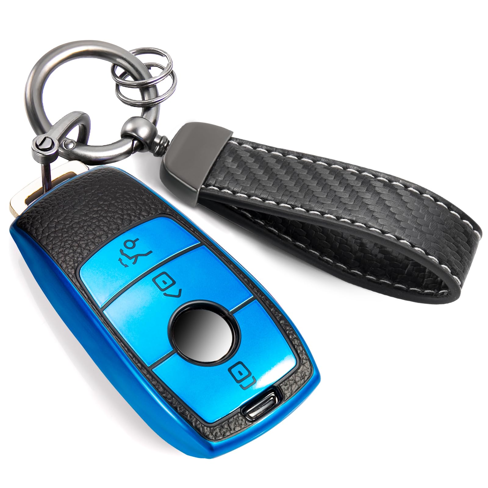 Cadillac Key Fob Cover with Metal Braided Rope Keychain, Upgraded Soft Key Case for 2015-2019 Escalade CTS SRX XT5 ATS STS CT6 (5 Button) (Gold Edge)