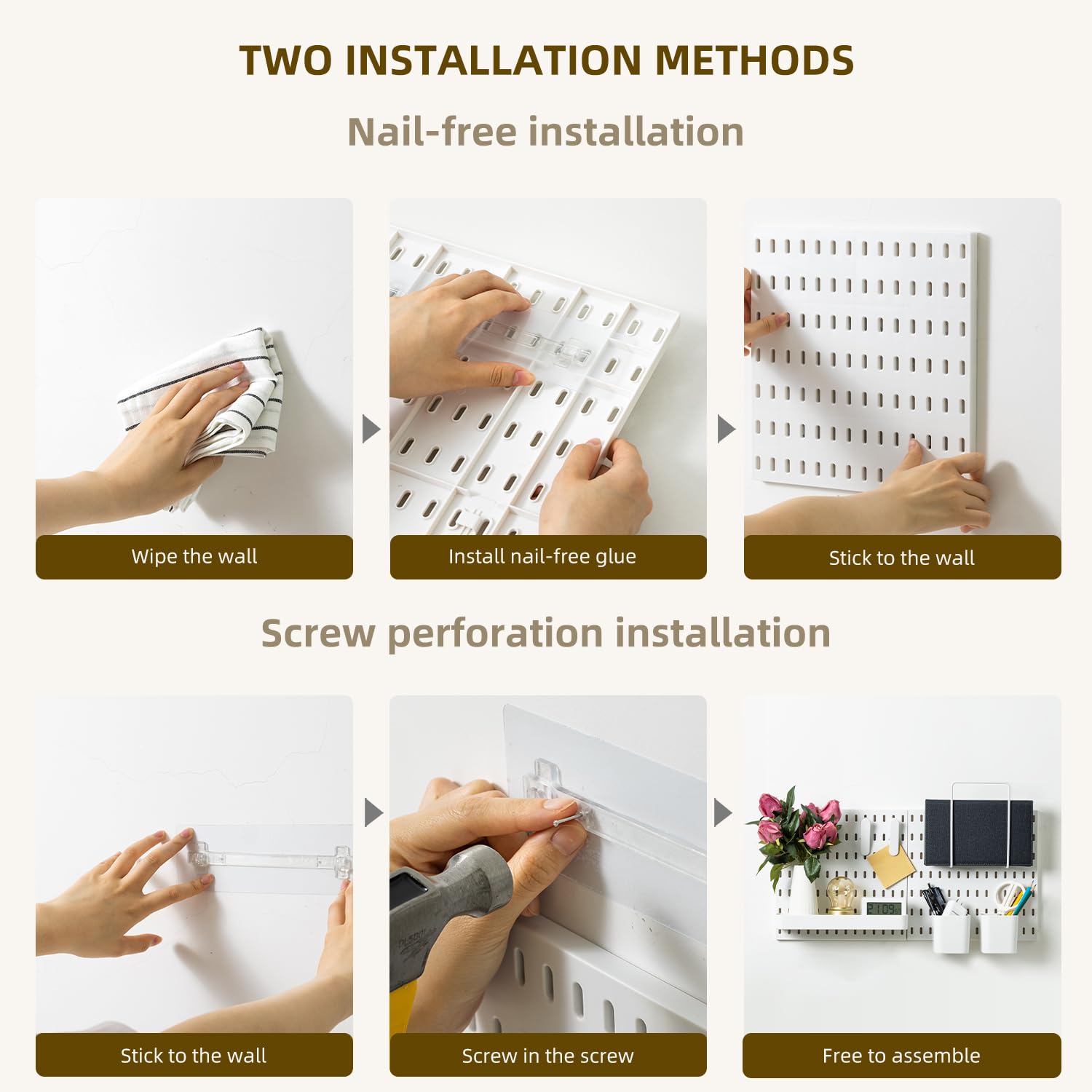 VUSIGN Pegboard Combination Wall Organizer Kit, 4 Pieces Pegboards and 17 Accessories Modular Hanging, Wall Mount Display Peg Board Panel Kits for Bedroom, Home, Office, Bathroom, 22&quot; x 22&quot;, Pink