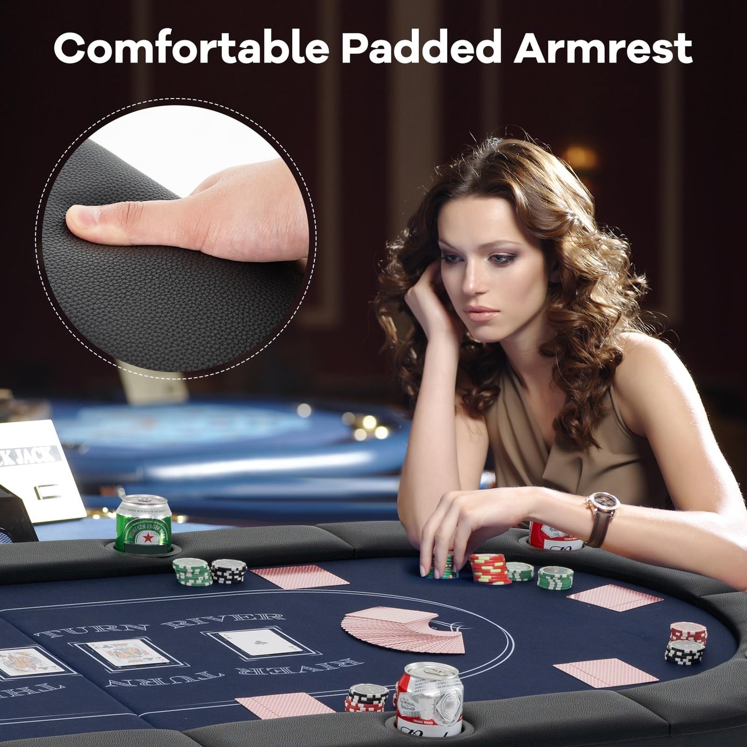 GYMAX Poker Table Foldable, 8-Player Texas Holdem Poker Table with Metal Cup Holders, Casino Grade Felt &amp; Padded Rails, Portable Folding Poker Table for Leisure Game, Homes, Game Rooms (Black)