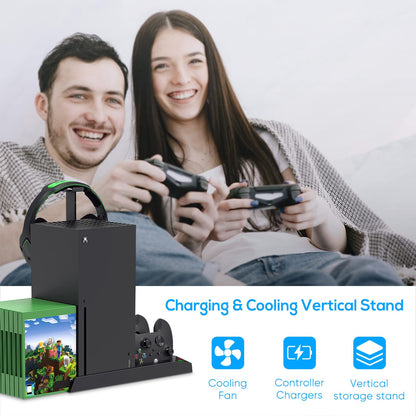 MENEEA Cooling Fan &amp; Charging Stand for Xbox Series X Console and Controller,Vertical Cooler System Dual Charger Station Dock Accessories Kit with 2 x 1400mAh Rechargeable Battery (Black)