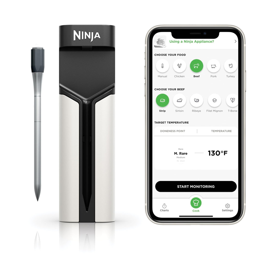 Ninja ProChef Wireless Meat Thermometer Indoor &amp; Outdoor, for Grill, Oven, Smoking, Roasting, air Frying, Long Range app Connection, flareup Resistant, Long Battery Life, Bluetooth, Waterproof, WP100