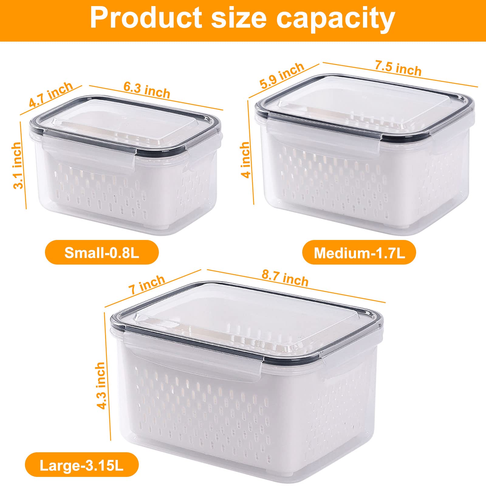 Fresh Food Storage Containers, 3 Pack Large Capacity Produce Saver Box with Drain Baskets &amp; Lid for Vegetable and Fruit - BPA Free Stackable Refrigerator Organizer for Kitchen (0.8L+1.7L+3.15L)