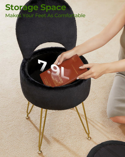 Greenstell Vanity Stool with Foldable Back, Vanity Chair with Storage, 13&quot; Dx 27.7&quot; H Faux Fur Soft Ottoman, 4 Metal Legs with Anti-Slip Feet, Small Furry Padded Seat for Makeup, Bedroom, White