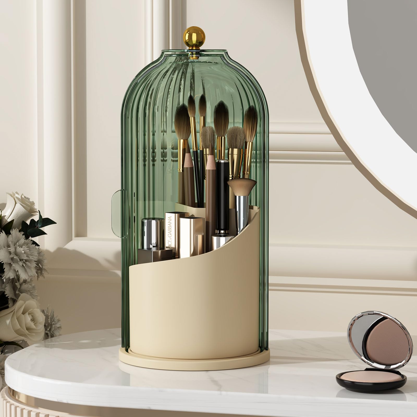 Makeup Brush Holder Organizer with Lid,360 Rotating Clear Dustproof Makeup Brushes Organizer for Vanity Desktop Bathroom Countertop (Transparent)
