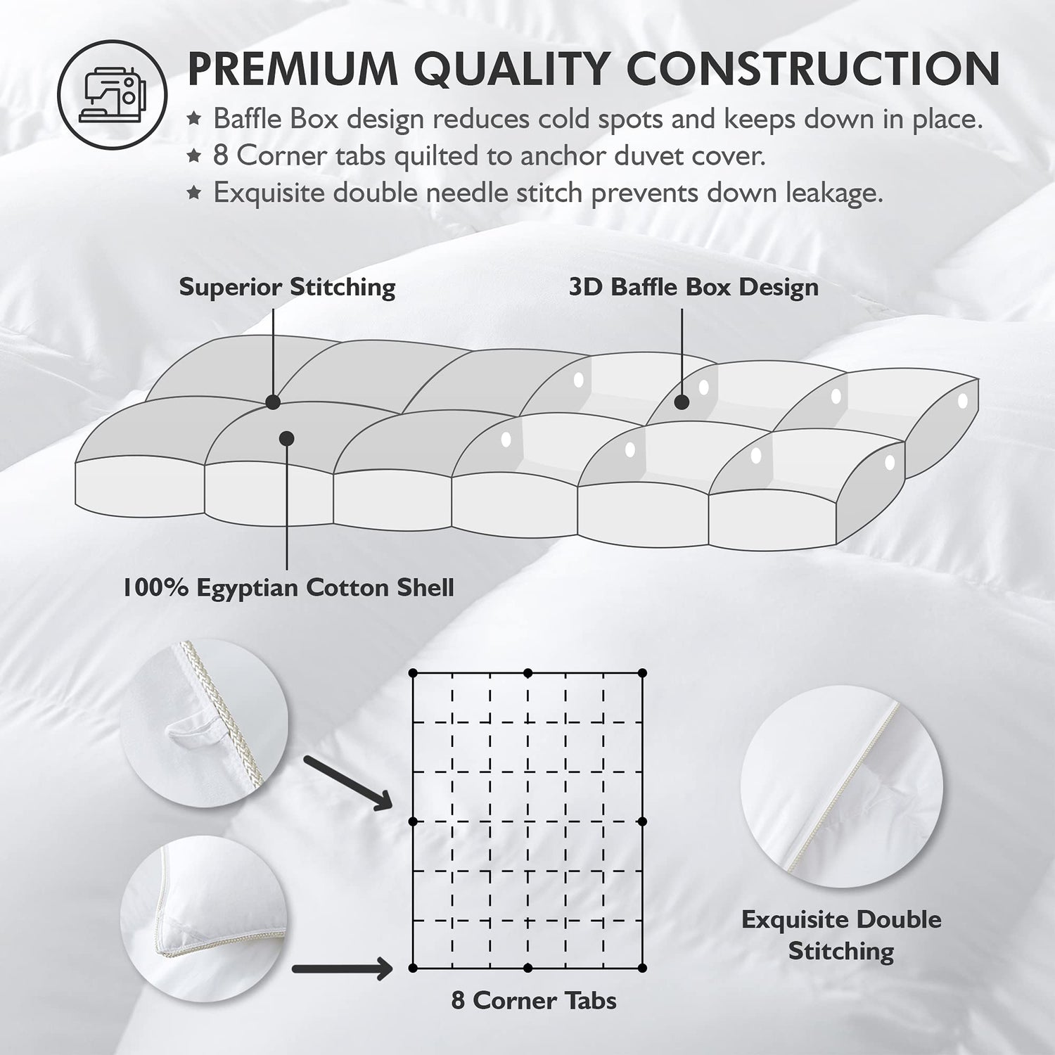 Luxurious Queen Size Goose Down Fiber Waterfowl Feather Fiber Comforter Duvet, 100% Egyptian Cotton Cover, 48 oz. Fill Weight, Baffle Box Design, White Solid