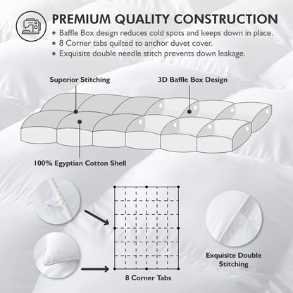 Luxurious Queen Size Goose Down Fiber Waterfowl Feather Fiber Comforter Duvet, 100% Egyptian Cotton Cover, 48 oz. Fill Weight, Baffle Box Design, White Solid