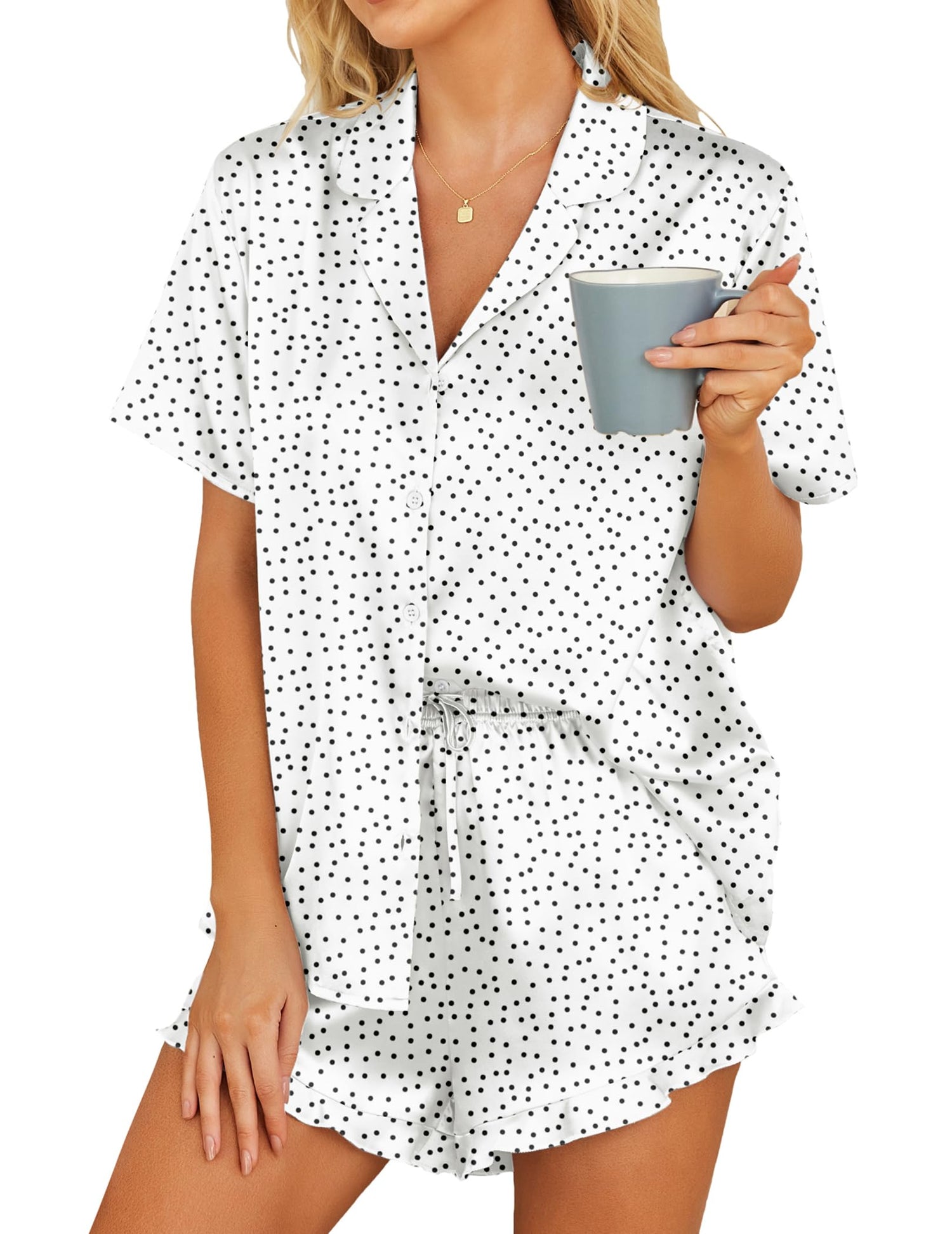HOTOUCH Womens Satin Pajamas Set Button Down 2 Piece Silk Pjs Shorts Set Ruffle Lingerie Notch Collar Sleepwear
