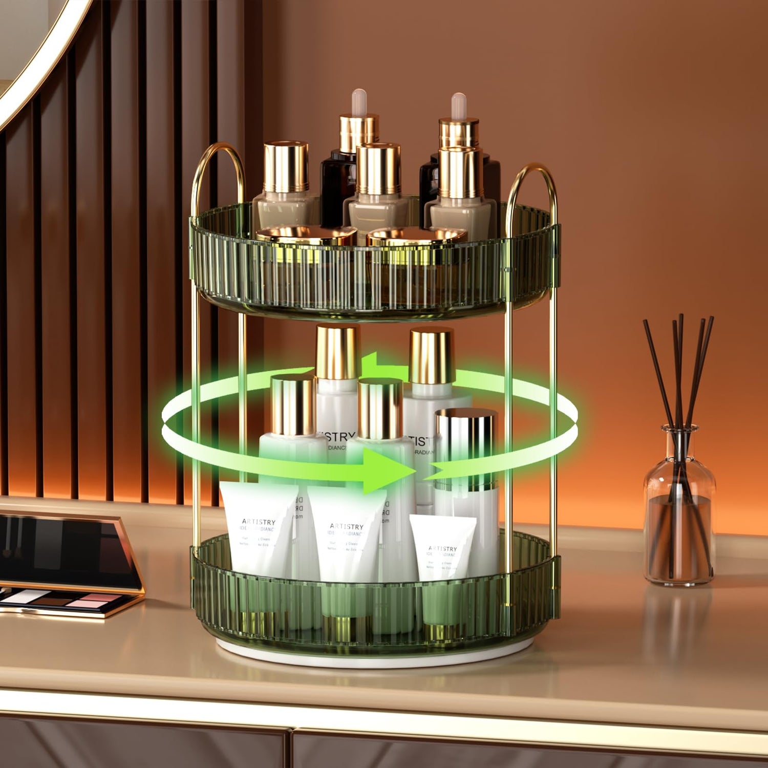 YCIA&amp;DONE 360 Rotating Makeup Organizer and Storage for Vanity Bathroom Countertop, High Capacity Cosmetic Skincare Perfume Organizer for Dresser Lazy Susan Organizers(Clear White,2 Tiers)