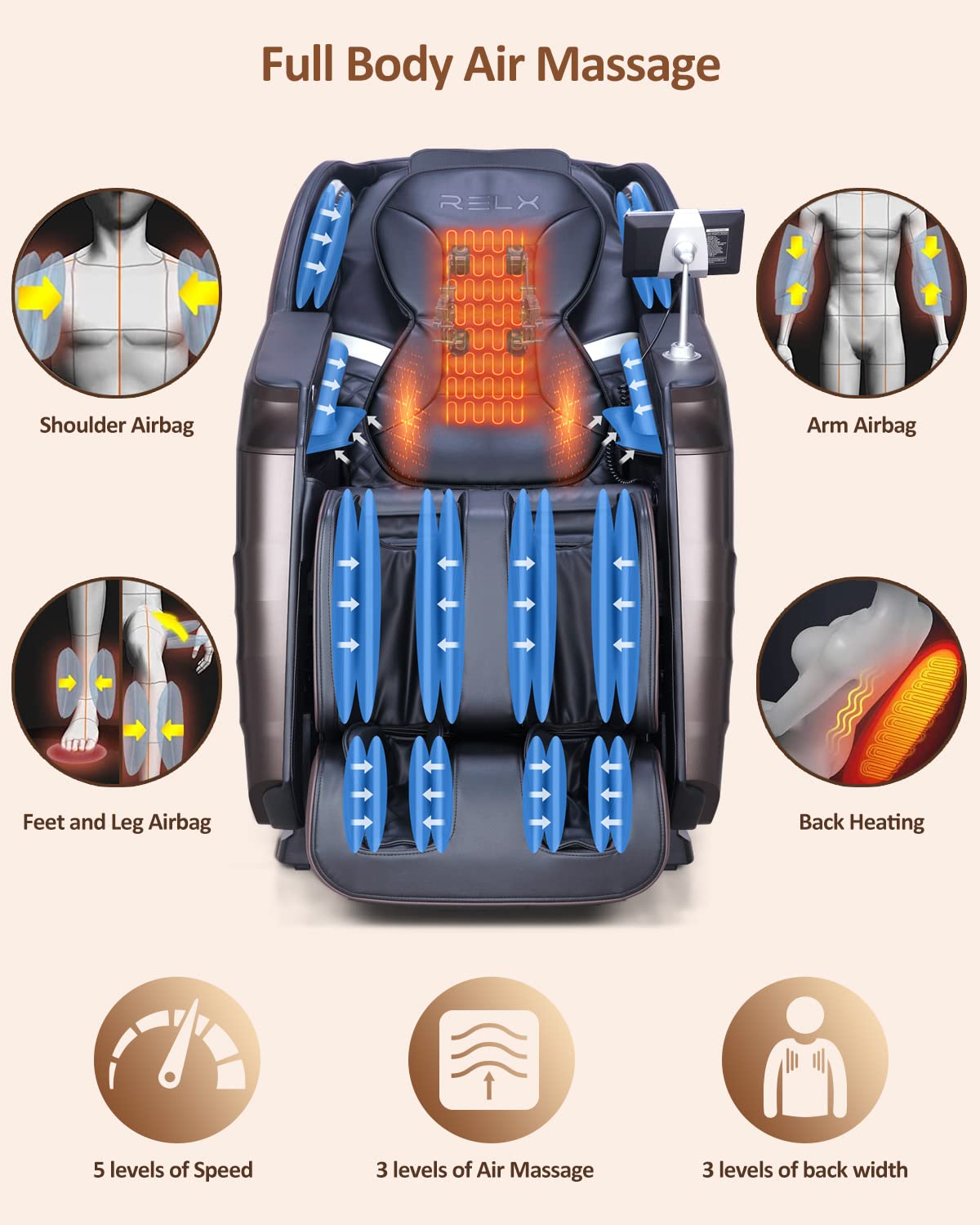 RELX Massage Chair Full Body Zero Gravity SL-Track Shiatsu Massage Chair, 12 Modes, Airbag Massage, with Yoga Stretch, Foot Massage, AI Control (Cream)