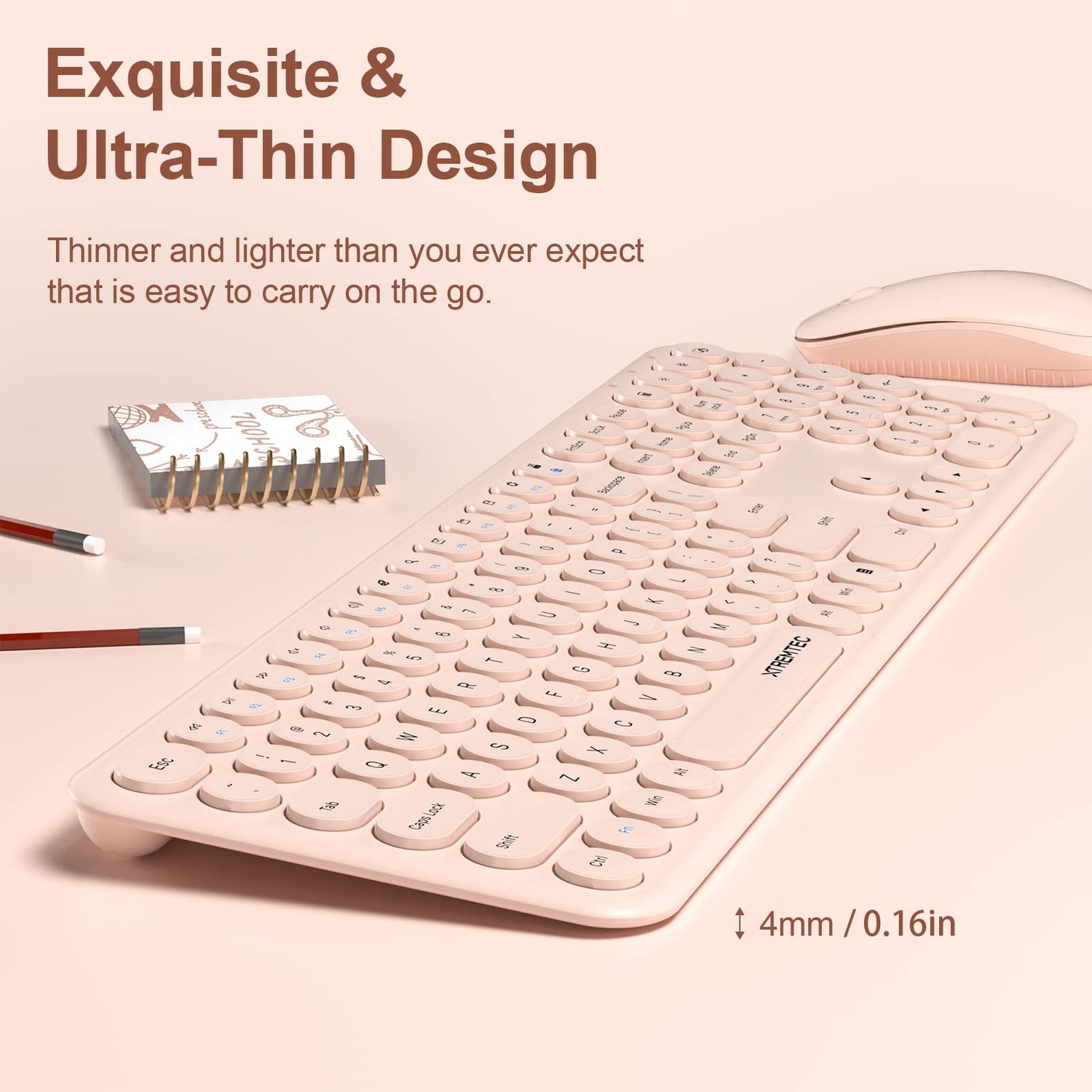 Wireless Keyboard and Mouse, XTREMTEC Cute Keyboard Retro Round Keycap - 2.4GHz Ultra-Slim Quiet Aesthetic Keyboard for Mac Computer Laptop PC Desktops (Rosegold)