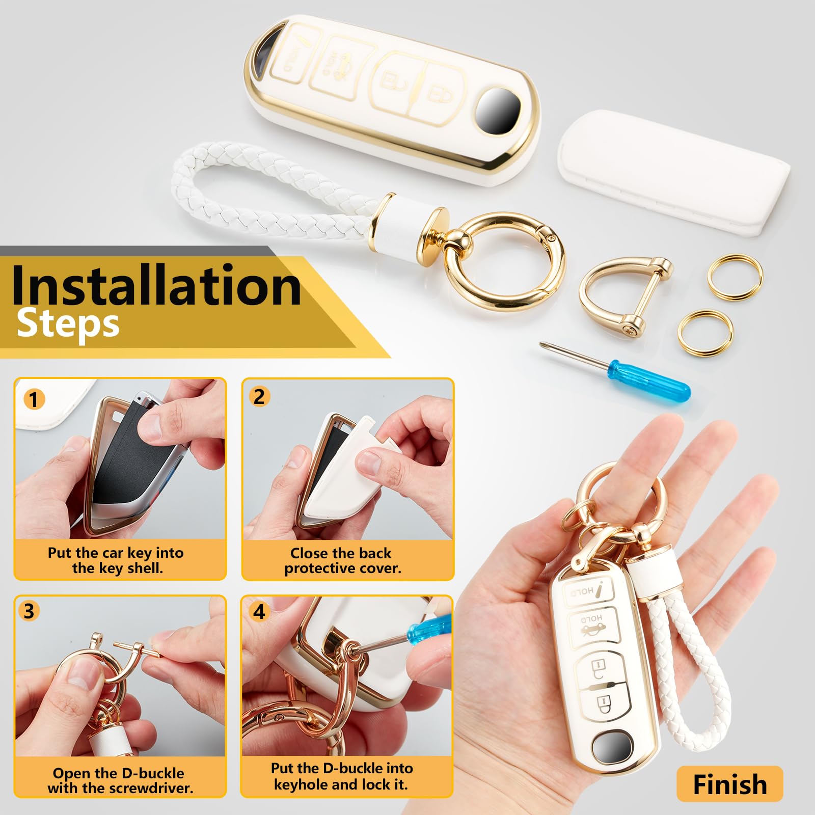 Cadillac Key Fob Cover with Metal Braided Rope Keychain, Upgraded Soft Key Case for 2015-2019 Escalade CTS SRX XT5 ATS STS CT6 (5 Button) (Gold Edge)