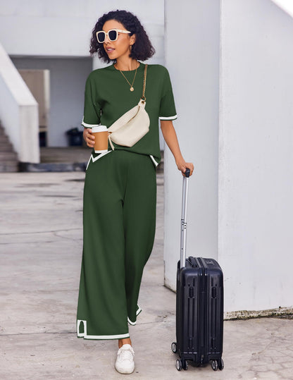 Ekouaer Lounge Set for Women 2 Piece Sets Loungewear Set Outfits Knit Sweater Sets Wide Leg Long Pants Pajama Set