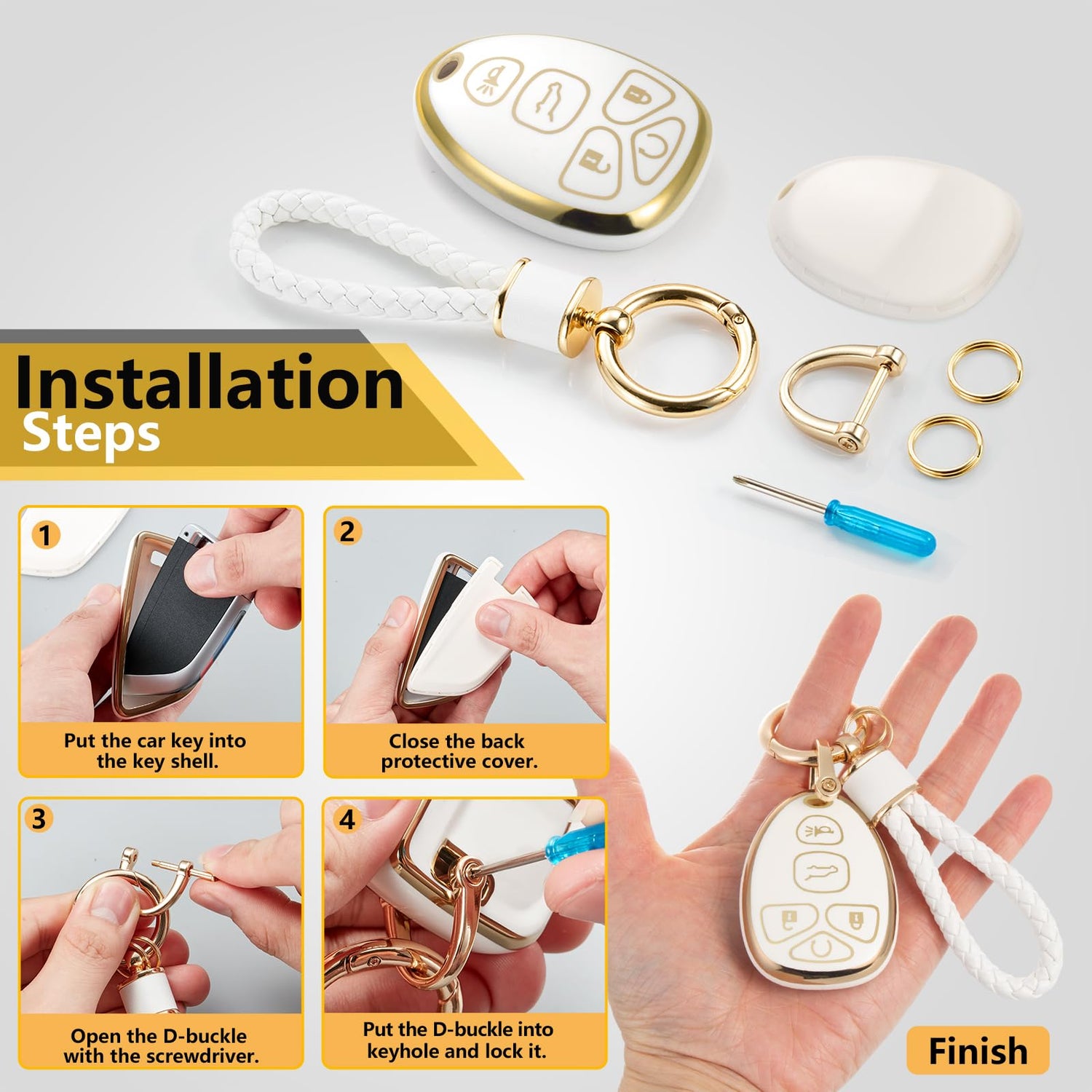 Cadillac Key Fob Cover with Metal Braided Rope Keychain, Upgraded Soft Key Case for 2015-2019 Escalade CTS SRX XT5 ATS STS CT6 (5 Button) (Gold Edge)