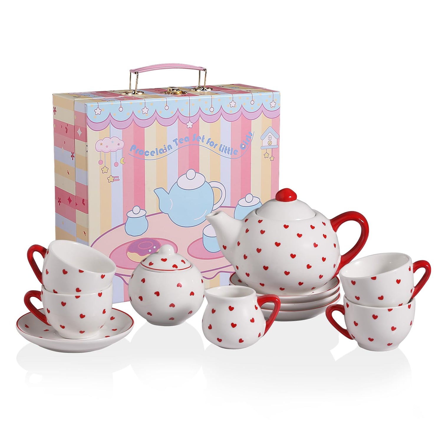 Sweejar Porcelain Tea Set for Little Girls,Kitchen Toys Tea Party Set for Kids Toddler Kitchen Pretend Toy Include Children Teapot, Cup &amp; Saucer Set of 4, Sugar Bowl and Cream Pitcher(Pink Polka Dot)
