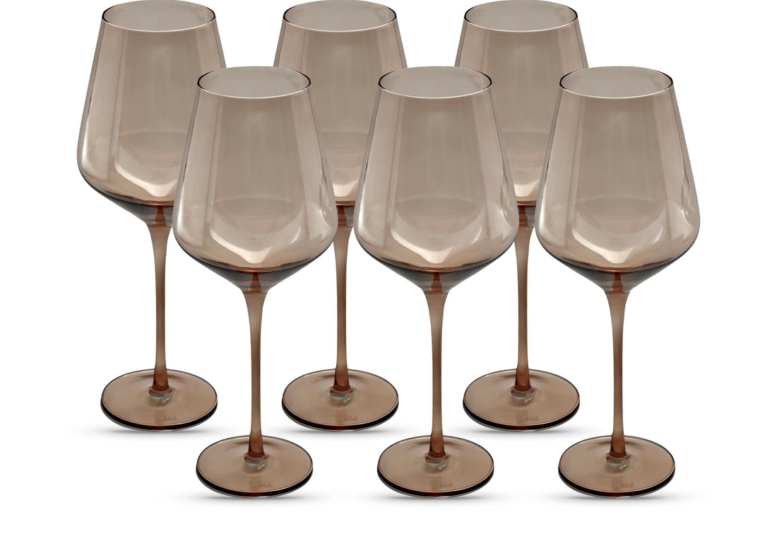 Smokey Sand Wine Glasses, 16.5oz (Set of 6) Stemmed Single Color Smoky Amber Brown Neutral Glass - Great for All Wine Types and Occasions or Gifts - Luxury, Durable, Hand-Blown
