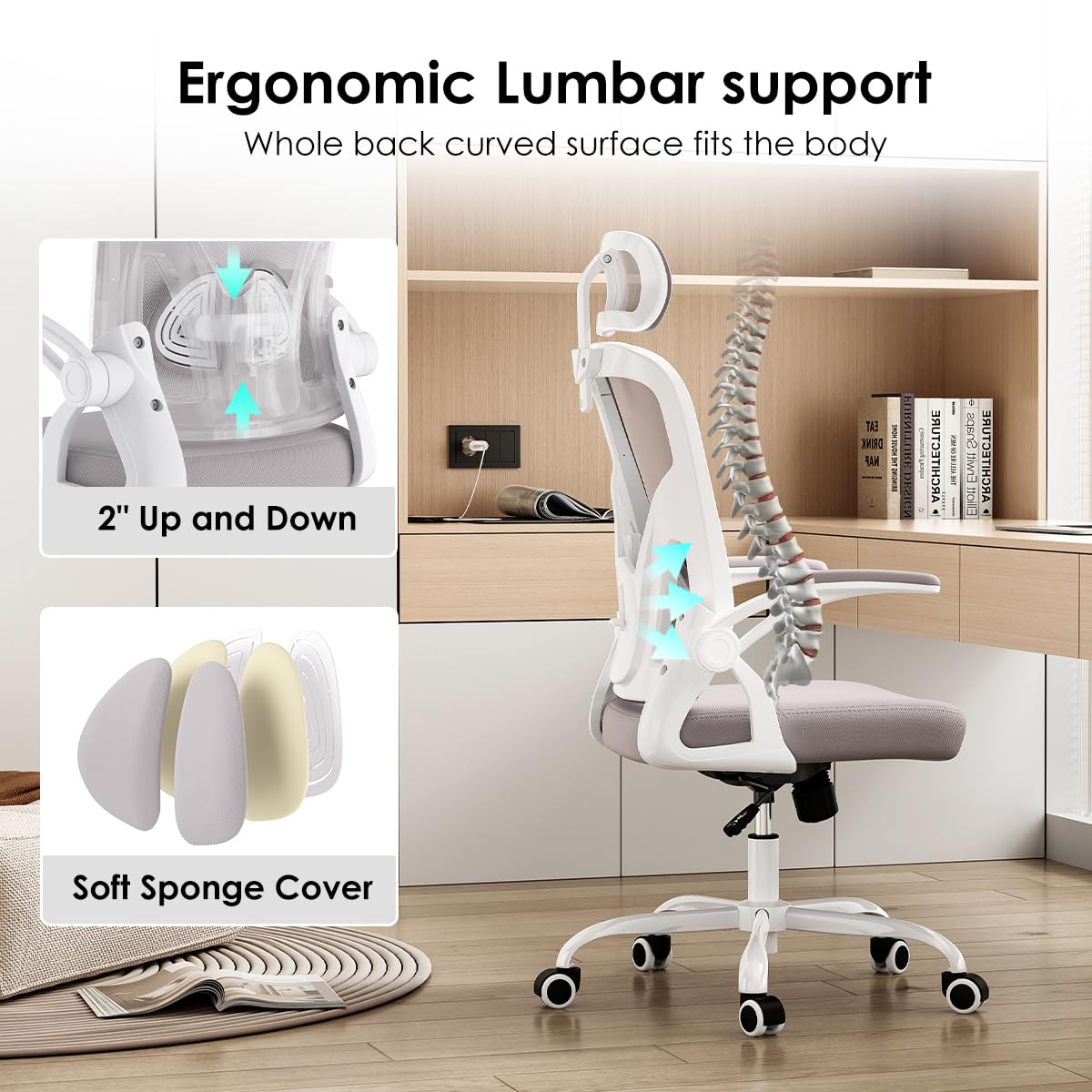 Farini Ergonomic Office Chair, Home Office Desk Chair with Headrest, High Back Computer Chair with Flip-up Armrests and Adjustable Lumbar Support for Home Office Study Bedroom, Khaki.