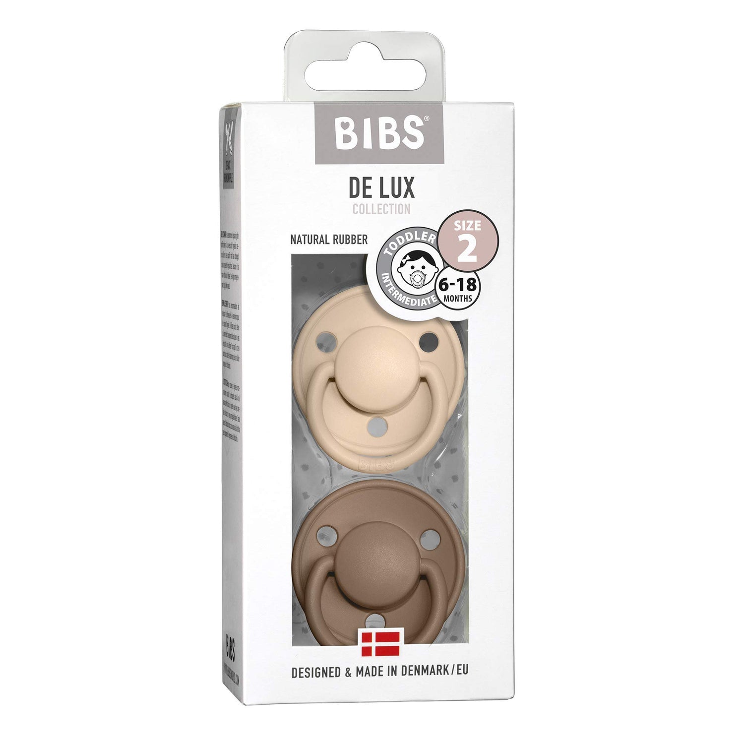 BIBS De Lux Baby Pacifier 2-Pack | Made in Denmark | BPA Free Dummy Soother, Round Nipple. Natural Rubber Latex, Size 2 (6-18 Months), Vanilla/Dark Oak