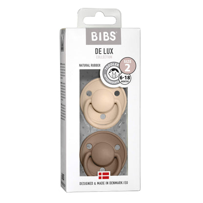 BIBS De Lux Baby Pacifier 2-Pack | Made in Denmark | BPA Free Dummy Soother, Round Nipple. Natural Rubber Latex, Size 2 (6-18 Months), Vanilla/Dark Oak