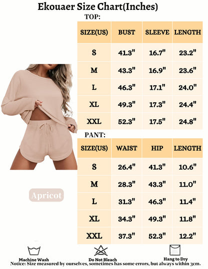 Ekouaer Womens Waffle Knit Pajama Sets Long Sleeve Top and Shorts Matching Lounge Set Loungewear Sweatsuit with Pockets