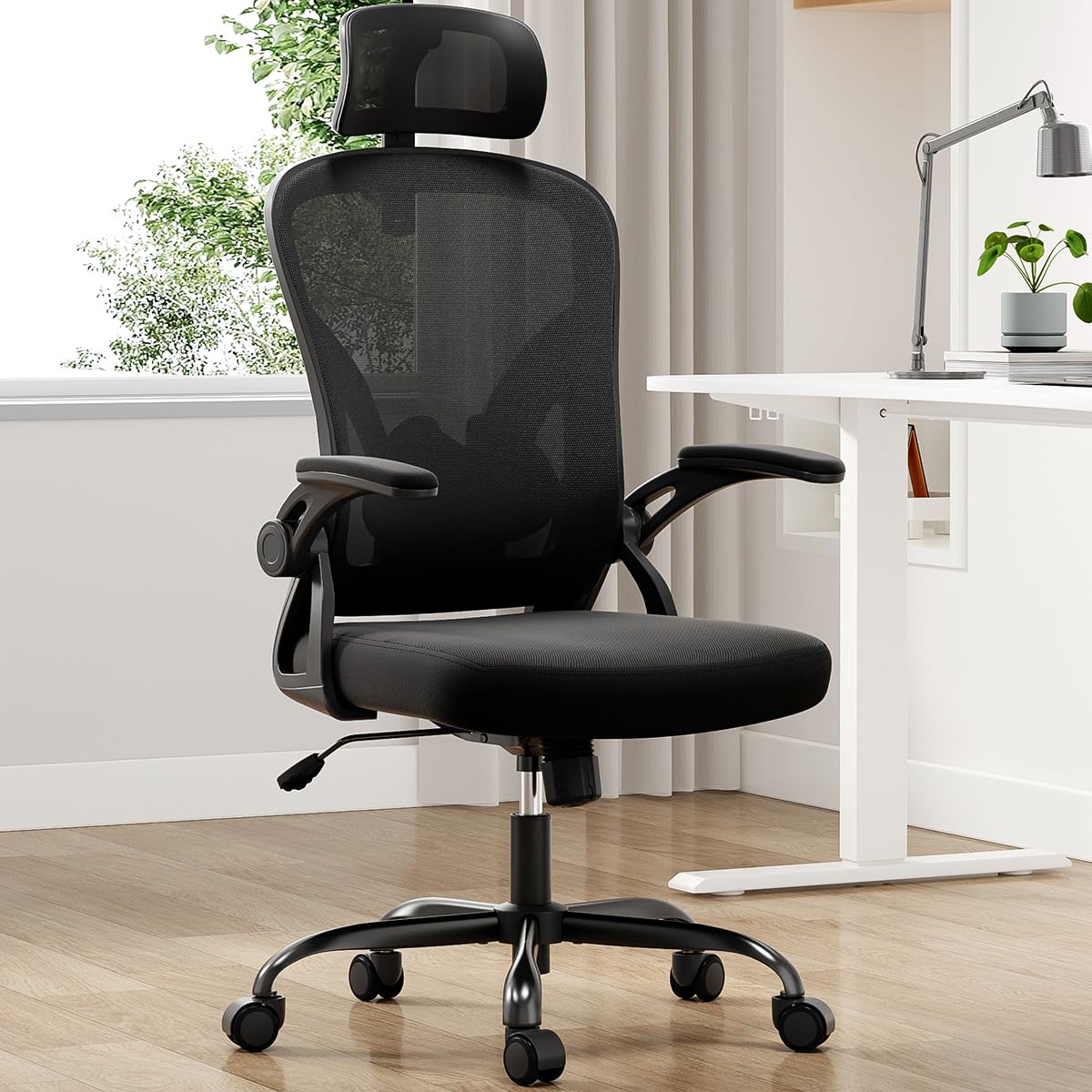 Farini Ergonomic Office Chair, Home Office Desk Chair with Headrest, High Back Computer Chair with Flip-up Armrests and Adjustable Lumbar Support for Home Office Study Bedroom, Khaki.