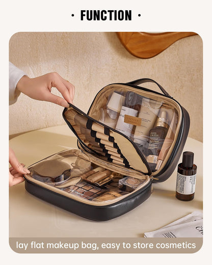 EACHY Travel Makeup Bag,Large Capacity Cosmetic Bags for Women,Waterproof Portable Pouch Open Flat Toiletry Bag Make up Organizer with Divider and Handle