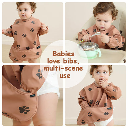 PewinGo Weaning Bib with Long Sleeves &amp; BLW, Soft and Skin-Friendly Material, Coverall Bibs for Baby Feeding, Waterproof and Easy to Clean &amp; Machine Washable, for Baby Infant Toddlers (Pink)