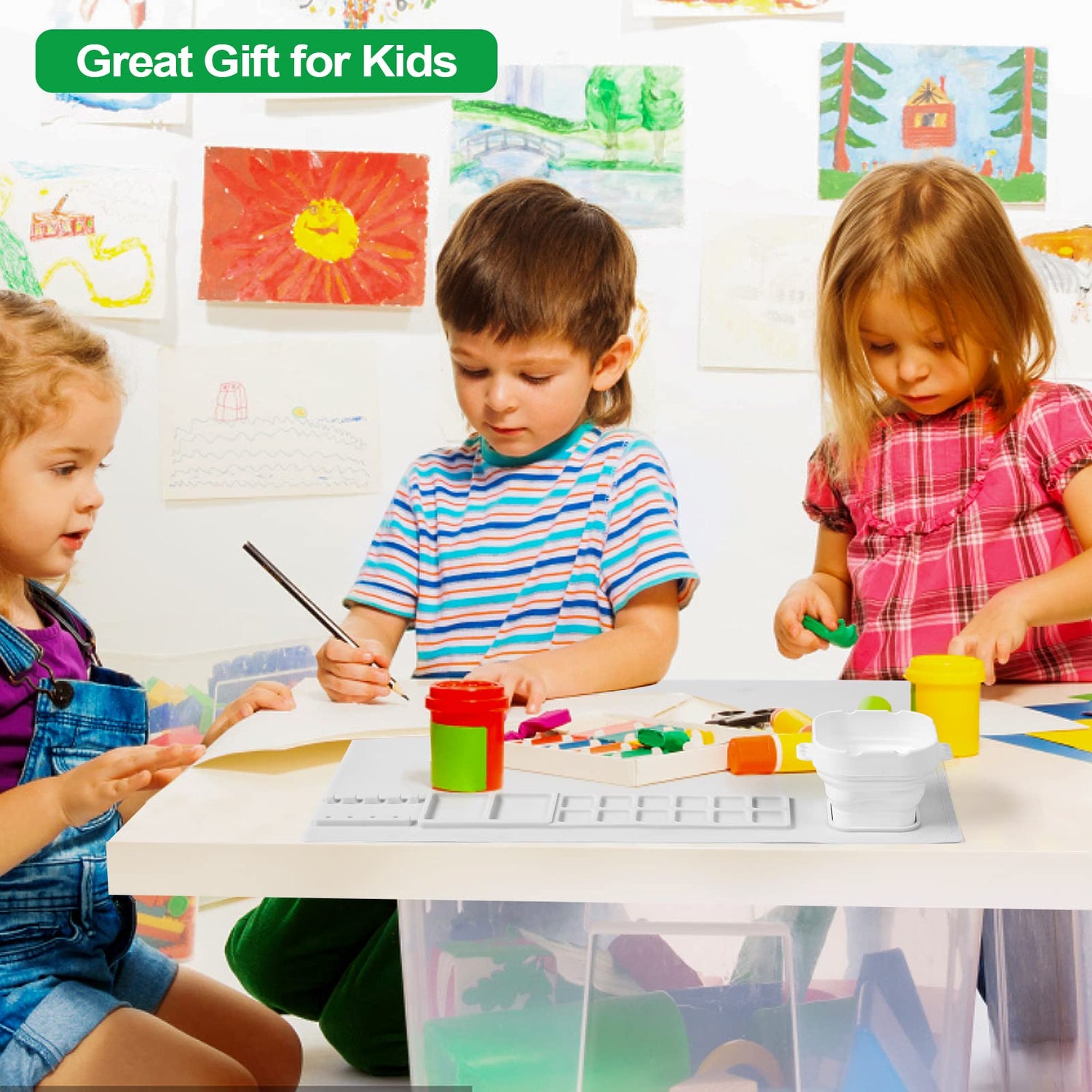 AWOKE Silicone Painting Mat - 20&quot;X16&quot; Silicone Art Mat with 1 Water Cup for Kids - Silcone Craft Mat has12 Color Dividers - 2 Paint Dividers (White)