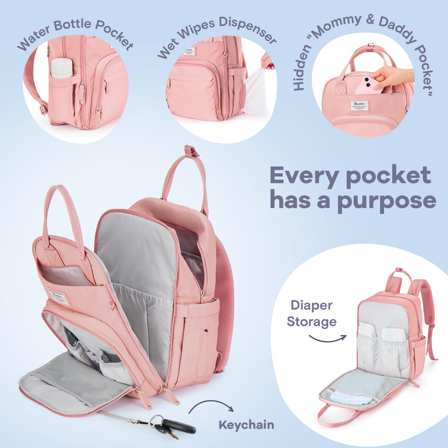 RUVALINO Diaper Bag Backpack, Multifunction Travel Pack Maternity Baby Changing Bags, Large Capacity, Waterproof, Beige