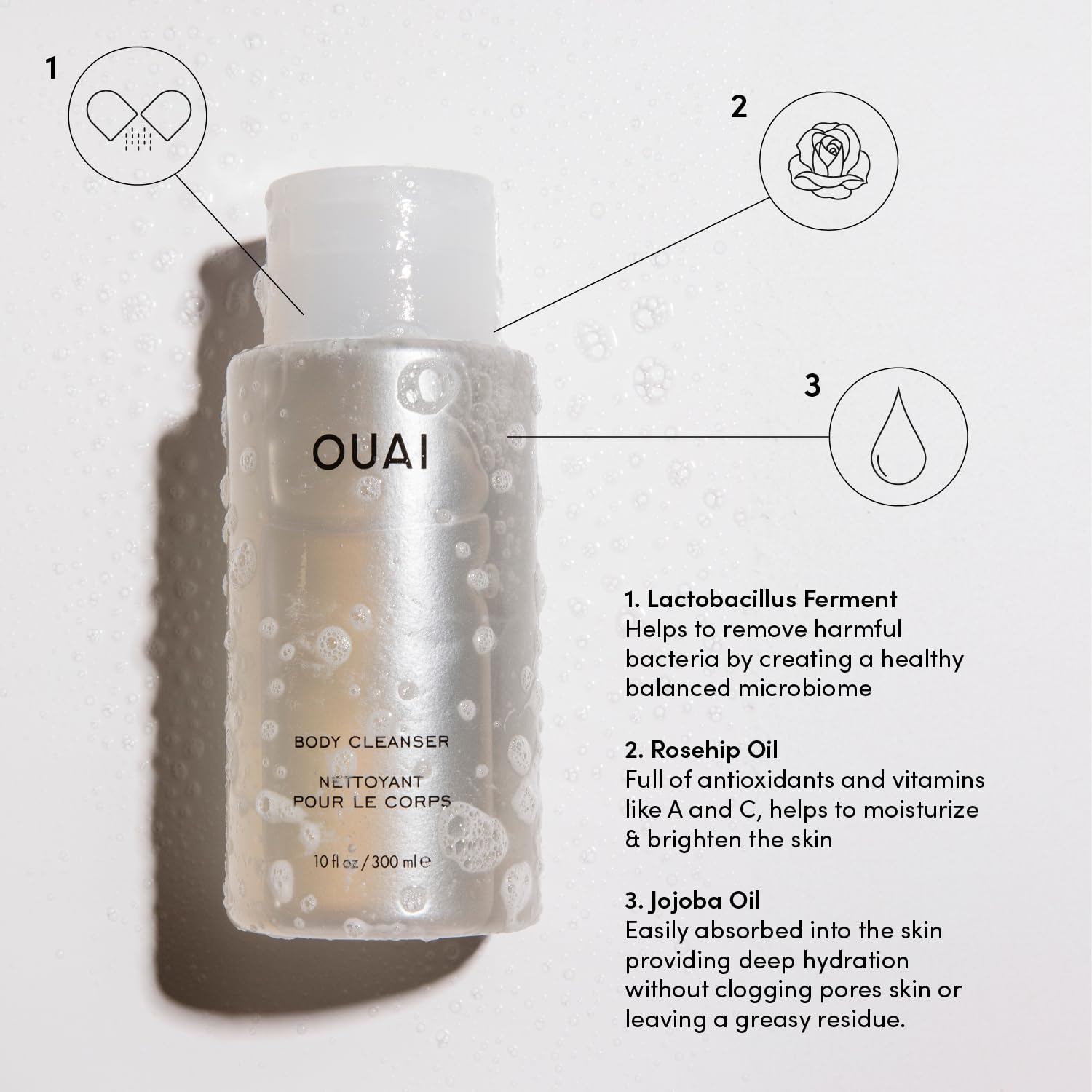 OUAI Body Cleanser, St. Barts - Foaming Body Wash with Jojoba Oil and Rosehip Oil to Hydrate, Nurture, Balance and Soften Skin - Paraben, Phthalate and Sulfate Free Skin Care Products - 10 Oz