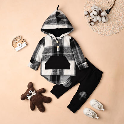 Toddler Baby Boy Clothes Long Sleeve Dinosaur Plaid Hoodie Sweatshirt + Pocket Pants Set 6 Months-4 Years